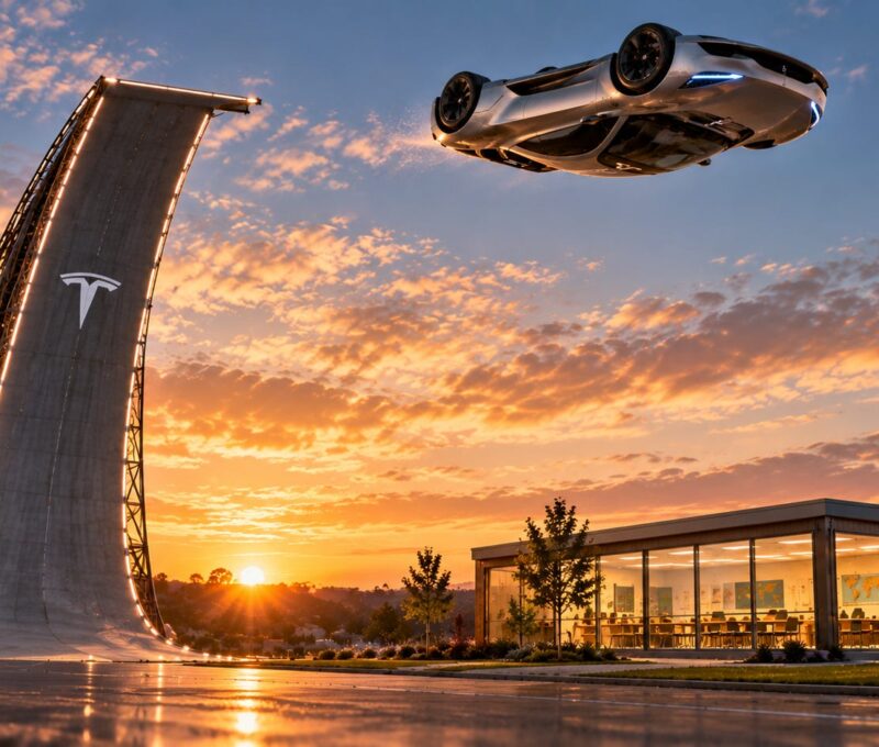 AI generated: Tesla flying car kickflips over a microschool